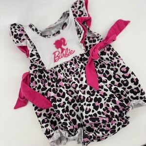 Barbie Leopard Print Romper Kids 18M Pink Excellent Ruffle Sleeve Bow Detail